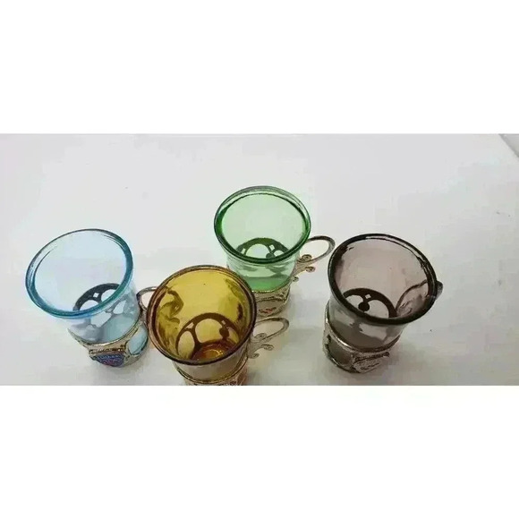 Vintage California Souvenir Shot Glasses Silver Handled Holders Set Of 4 1950s - Picture 4 of 14